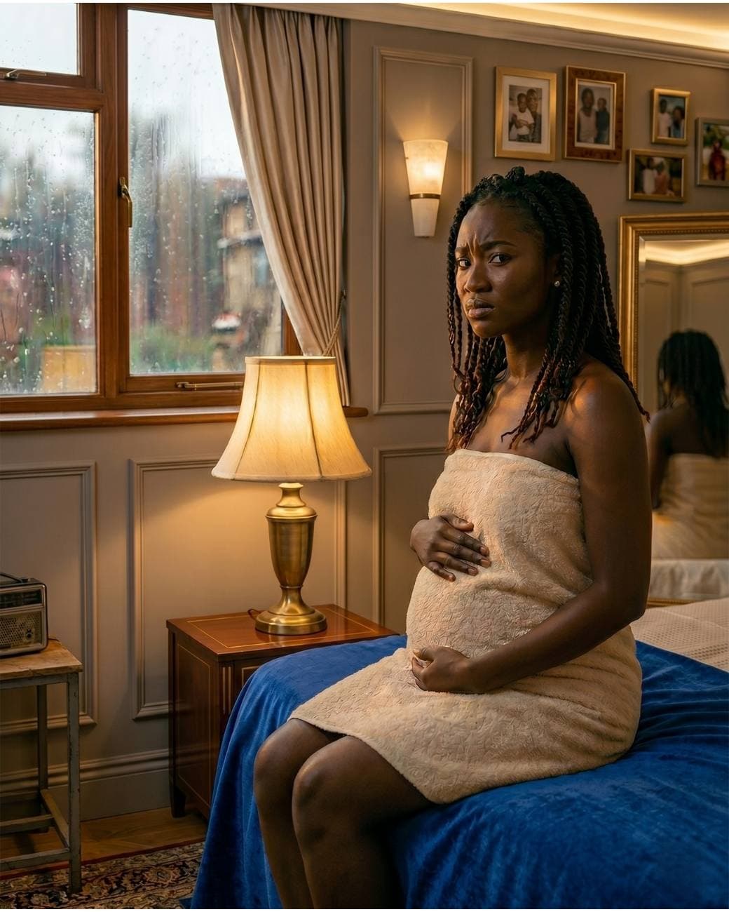 Ambiance soir dans une chambre chaleureuse, lampe allumée, moment calme