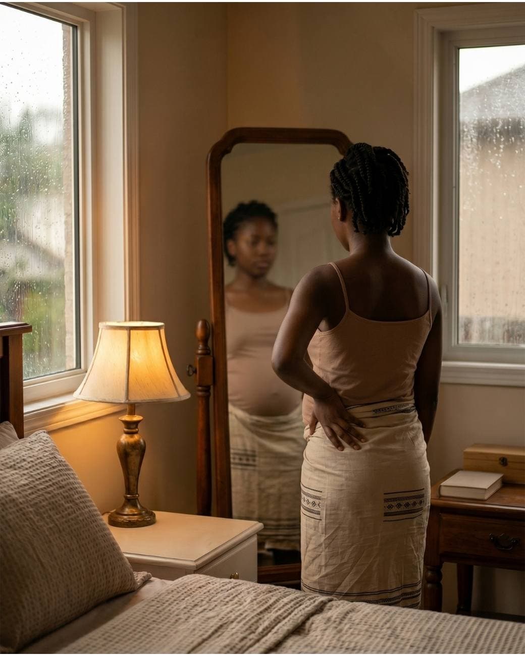 Femme de dos devant un miroir dans une chambre intime, moment introspectif